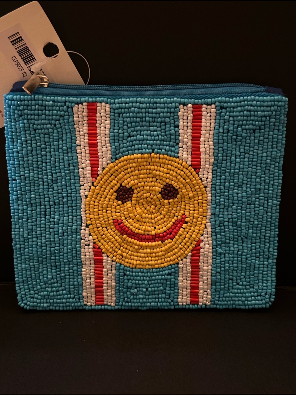 Hand Beaded Smiley Zip Coin Pouch Cosmetic Case Wallet -Turquoise, Red & Yellow